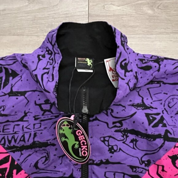 Vintage Gecko Hawaii Neon Pink Purple All Over Print Windbreaker Jacket - Picture 5 of 10